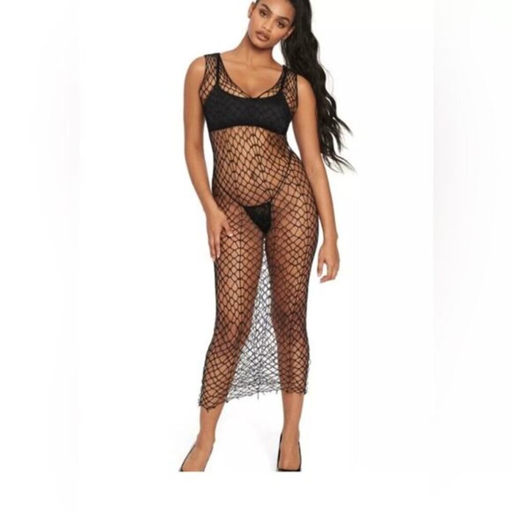 Frederick’s‎ of Hollywood Fish Net Overlay Bodystocking Dress in Black OS
